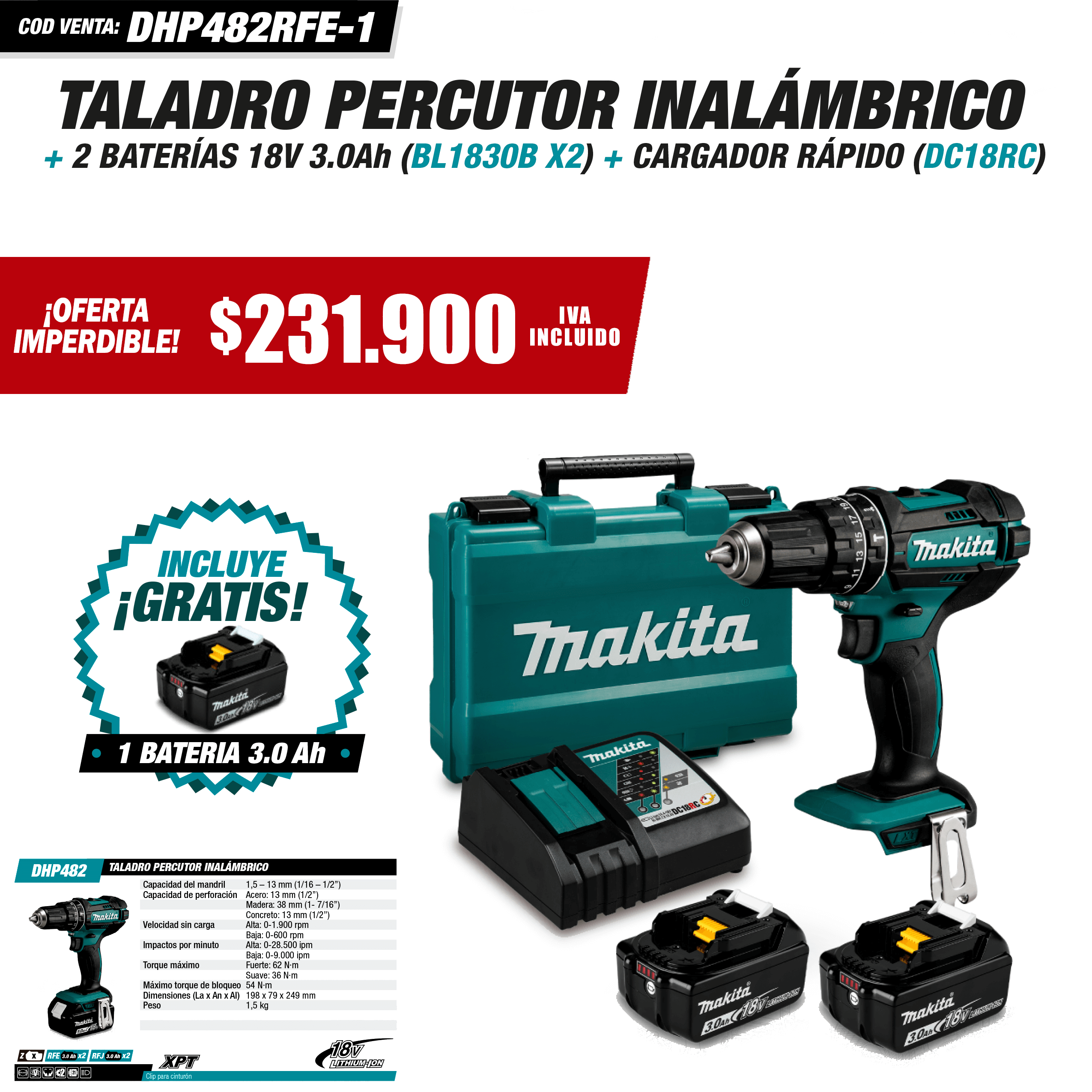 Taladro Percutor 13mm Inalámbrico 18V DHP482RFE-1 Makita